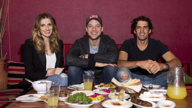 Kate Waterhouse with Hamish Blake and Andy Lee at Abdul's in Surry Hills. There has been a lot of luck involved their success, the pair say.