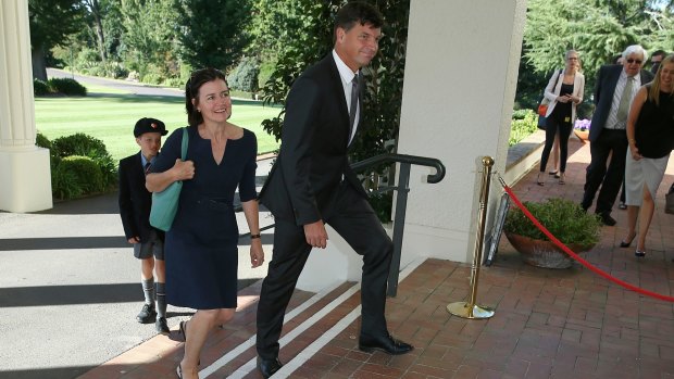 Angus Taylor arrives at the swearing-in ceremony for members of the new Turnbull ministry at Government House in on Thursday February 18. 