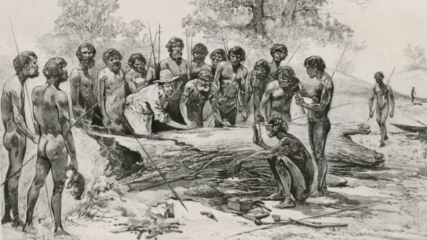 A non-contemporary engraving of John Batman meeting Aborigines on the banks of the Merri creek. 