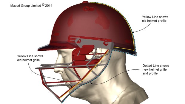 This computer-generated image provided by Masuri Group shows a cricket helmet with old and new profiles.