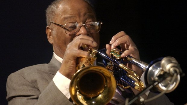 Clark Terry alternates between trumpet and flugelhorn while playing with the Navy Band Great Lakes Jazz Ensemble.