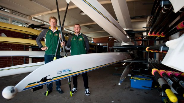ACTAS rowers Luke Letcher and Caleb Antill after winning gold at the World Championships last year.