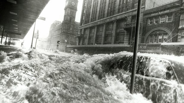 Central Melbourne is no stranger to flash flooding - this is Elizabeth Street in February, 1972. 