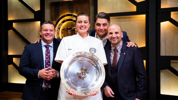 This year's <i>MasterChef</i>, Elena Duggan, with judges (from left) Gary Mehigan, Matt Preston and George Calombaris.