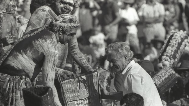 Prime minister Bob Hawke receives the Barunga statement from Galarrwuy Yunupingu in Arnhem Land in Northern Territory