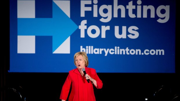 Democratic presidential candidate Hillary Clinton mimics the voice of Republican presidential candidate Donald Trump as she speaks in Bowling Green, Kentucky. 