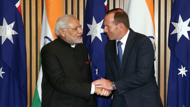 Good rapport: Narendra Modi and Tony Abbott in Parliament House on Tuesday morning.