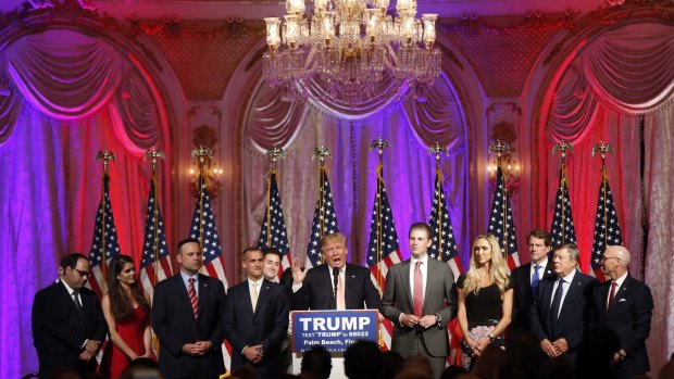 Trump speaks to supporters at his primary election night event at his Mar-a-Lago club.