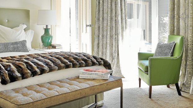 Diane Bergeron creates a refuge by choosing cool jade as the accent colour teamed with a fur throw and handy buttoned bench.