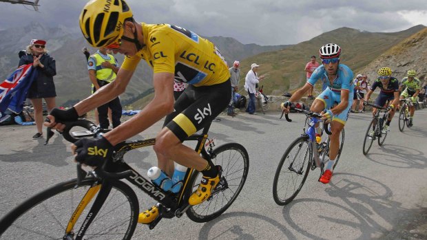 Leader of the pack: Chris Froome climbs the Allos pass followed by Vincenzo Nibali.