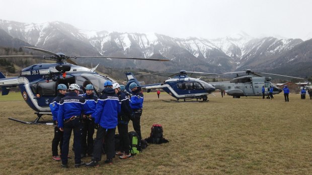 Gendarmerie and French mountain rescue teams at the site of the Germanwings plane crash near the French Alps in March 2015. 