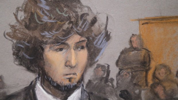 Denies charges: A courtroom sketch of Boston Marathon bombing suspect Dzhokhar Tsarnaev during a pre-trial hearing at the federal courthouse in Boston, Massachusetts, on Thursday.