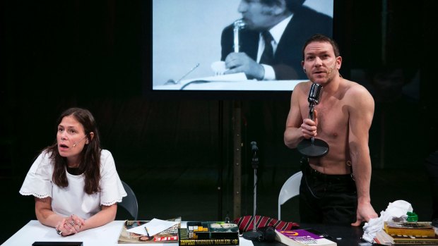 Maura Tierney (Greer) and Ari Fliakos (Mailer) in The Town Hall Affair, in New York.