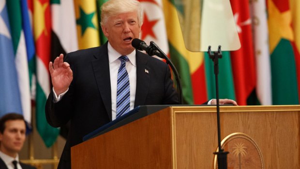 US President Donald Trump delivers a speech to the Arab Islamic American Summit at the King Abdulaziz Conference Centre on Sunday.
