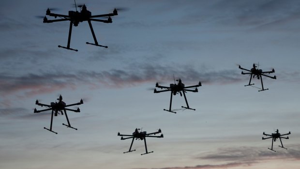 Hexacopter drones flying in the evening.