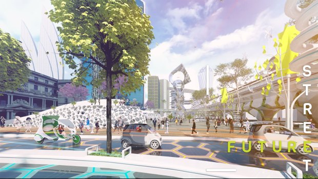 Showing a vision of Sydney's Circular Quay in an automated future, this image was created for Future Street, a collaboration between Smart Cities Council, Australian Institute of Landscape Architects and Internet of Things Alliance Australia.