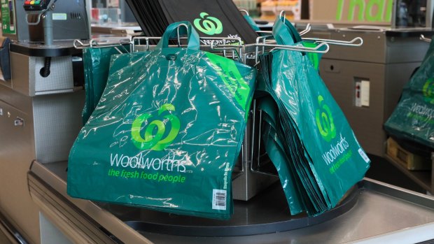 Woolworths' new thicker reusable plastic bags that are to replace single-use plastic bags.
