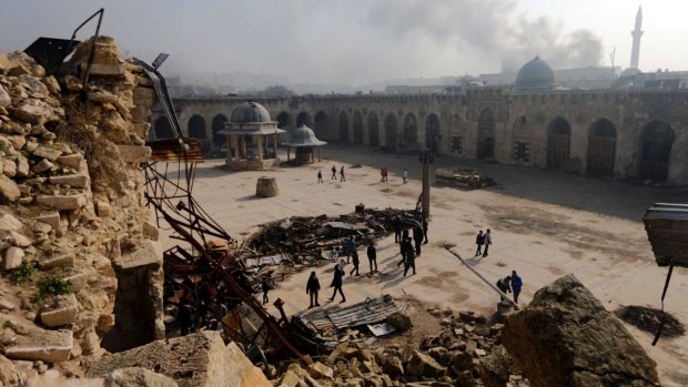 The badly damaged Grand Umayyad mosque in Aleppo.