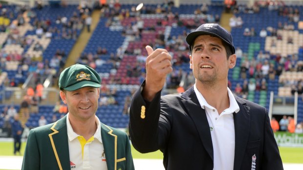 Batting first: England captain Alastair Cook wins the toss for his team.