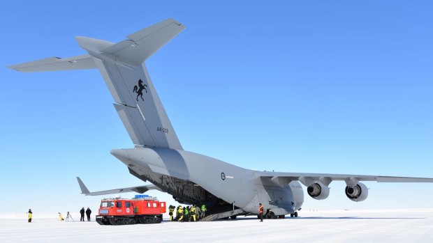 Globemaster on ice: An RAAF heavy-lift aircraft takes on a "patient" in a med-evac exercise.