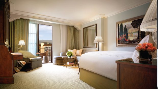 A guest room at the Montage Beverly Hills. The rooms are large, ornate and luxurious.