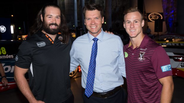 Taking on Nine: Wests Tiger's Aaron Woods, Folx Sports commentator Warren Smith and Manly's Daly Cherry-Evans at Monday's launch.