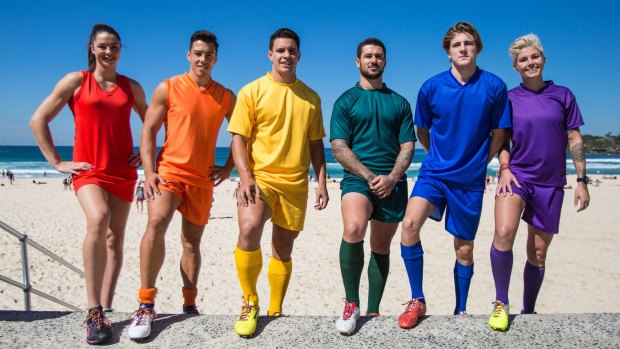 In support: Sharni Layton (NSW Swifts), Dylan Shiel (GWS Giants), Matt Toomua (ACT Brumbies), Nathan Peats (Parramatta Eels), Max Burgess (Sydney FC) and Michelle Heyman (Canberra United) at the launch of the Rainbow Round of Sport.