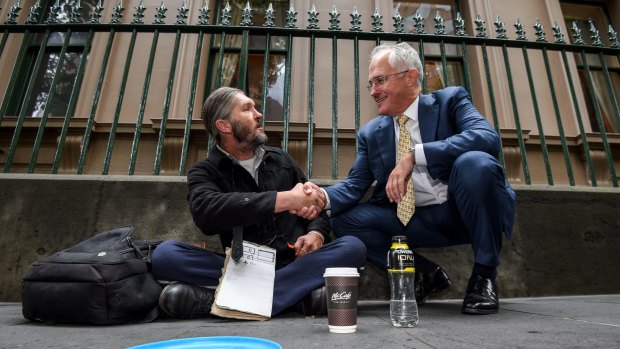 Prime Minister Malcolm Turnbull with homeless man Kent Kerswell in January.