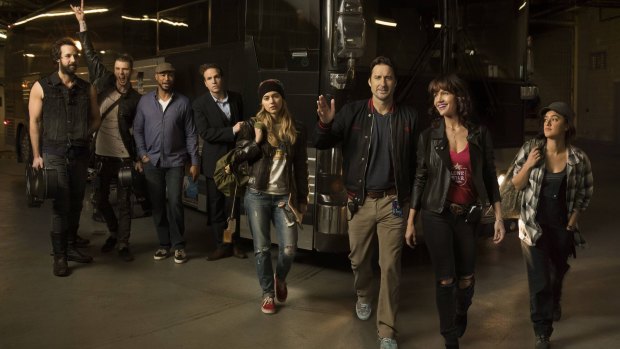 Roadies stars Luke Wilson (centre) as tour manager Bill together with production manager Shelli (Carla Gugino), electrician/rigger Kelly Ann (Imogen Poots), her twin Wes (Machine Gun Kelly), veteran Phil (Ron White) and money man Reg (Rafe Spall) among the cast.
