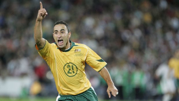 Ahmad Elrich celebrates after scoring the winning goal against Iraq in Sydney in 2005.