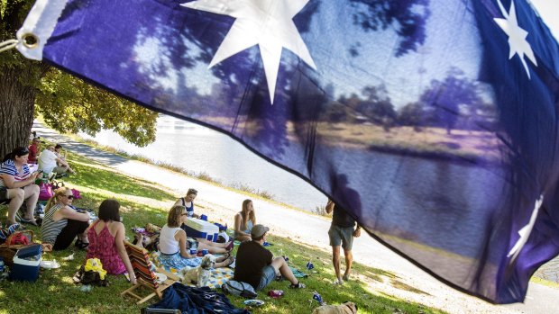 People enjoying Australia Day on the banks of the Yarra in 2014.