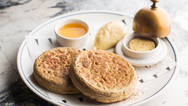Wood-fired crumpets with wattleseed butter, white chocolate and honey. 