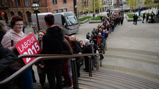 Labour supporters queue outside Leeds City museum on Wednesday.