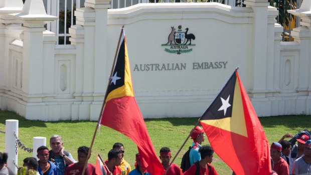 Protesters at the Australian embassy in Dili, the capital of East Timor, last year, calling for a final maritime boundary in the Timor Sea.