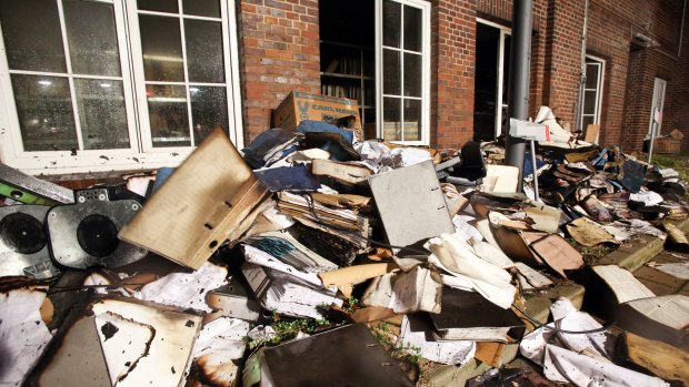 Burnt and damaged files in the courtyard of German regional newspaper <em>Hamburger Morgenpost's</em> office in Hamburg.