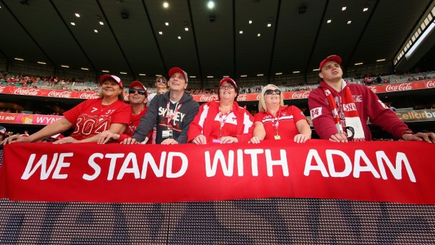 Our man: Fans show their support for Adam Goodes at the SCG on Saturday. 
