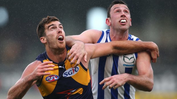 West Coast Eagles were just too good for North Melbourne in Perth on Sunday night: Scott Lycett holds back Todd Goldstein.