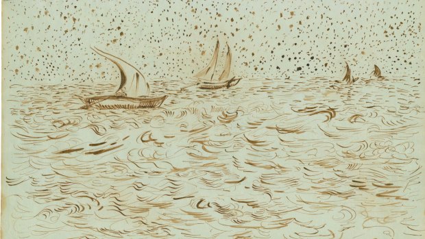 <i>BW 4 Boats at Sea, Saintes-Maries- de-la- Mer</i> May 30-June 3, 1888, from <i>Vincent Van Gogh: The Lost Arles Sketchbook</i> by Bogomila Welsh-Ovcharov.