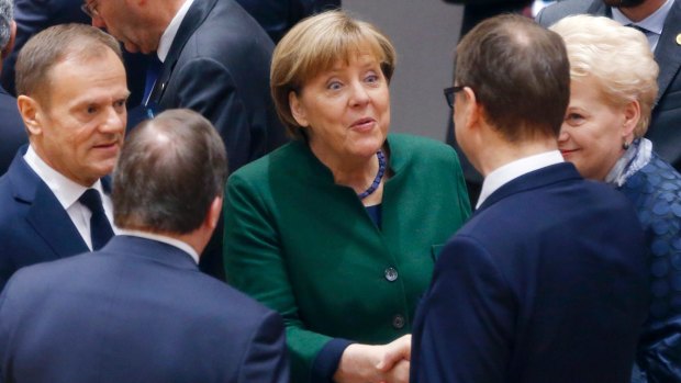 German Chancellor Angela Merkel, centre, shakes hands with Finnish Prime Minister Juha Sipila, second right, in March.