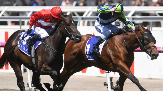 Emotional win: Mark Zahra rides Merchant Navy to victory in the Coolmore Stud Stakes.