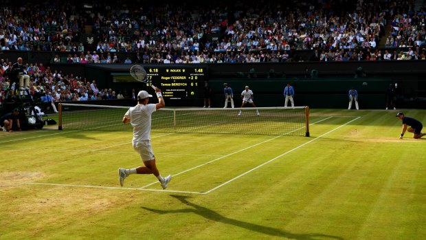 Tomas Berdych plays a forehand during Friday's semi-final against Roger Federer at Wimbledon.