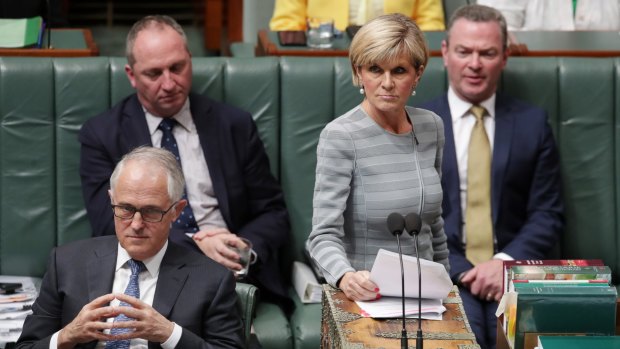 Acting Deputy Minister Julie Bishop with Prime Minister Malcolm Turnbull, former deputy prime Minister Barnaby Joyce and minister Christopher Pyne during question time earlier this year.