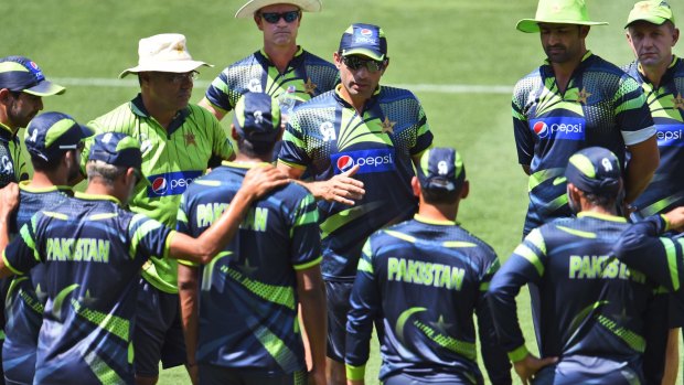 Pakistan captain Misbah-ul-Haq speaks to his teammates during their final training session before the World Cup.