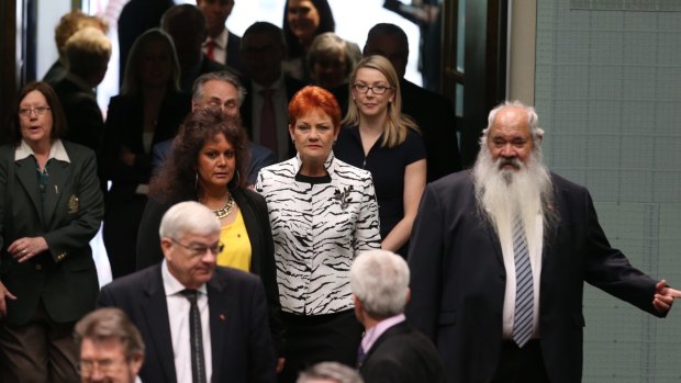Senator Pauline Hanson enters the House of Represenatives for the address of Prime Minister of Singapore Lee Hsien Loong arrives to the Parliament of Australia at Parliament House in Canberra on Wednesday 12 October 2016. Photo: Andrew Meares