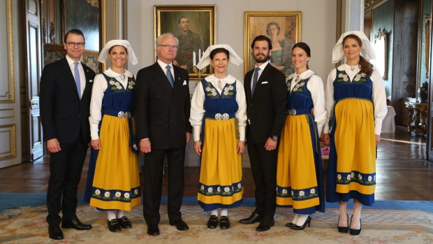 The Swedish Royal family ... from left Prince Daniel, Crown Princess Victoria, King Carl Gustaf, Queen Silvia, Prince Carl Philip, his fiancee Sofia Hellqvist and Princess Madeleine at the Royal Palace.