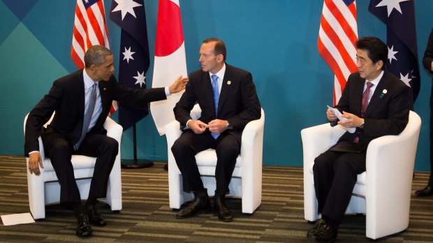 The Australian Government should join our global peers in contributing to the Green Climate Fund: Barack Obama, Tony Abbott, and Japan's Shinzo Abe meet during the G20 summit.