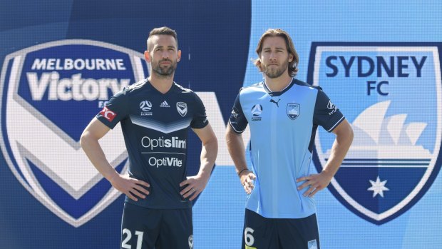 Carl Valeri of Melbourne Victory (left) and Joshua Brillante of Sydney FC at Port Melbourne SC for the official season launch.