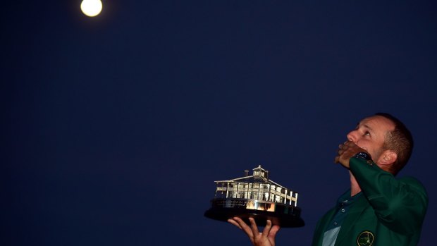 Garcia celebrates with the Masters Trophy.