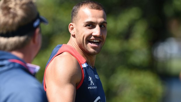 Blake Ferguson is all smiles at a Sydney Roosters training session ahead of Friday night's semi-final clash against Canterbury.