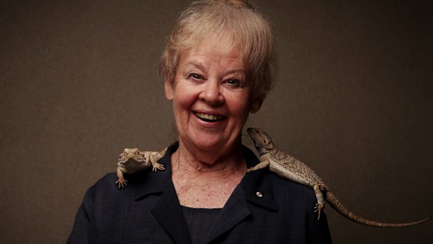 Gene genie: Professor Jenny Graves with bearded dragons she named Malcolm and Bill for the announcement she was awarded the Prime Minister's Prize for Science at Parliament House on Wednesday.